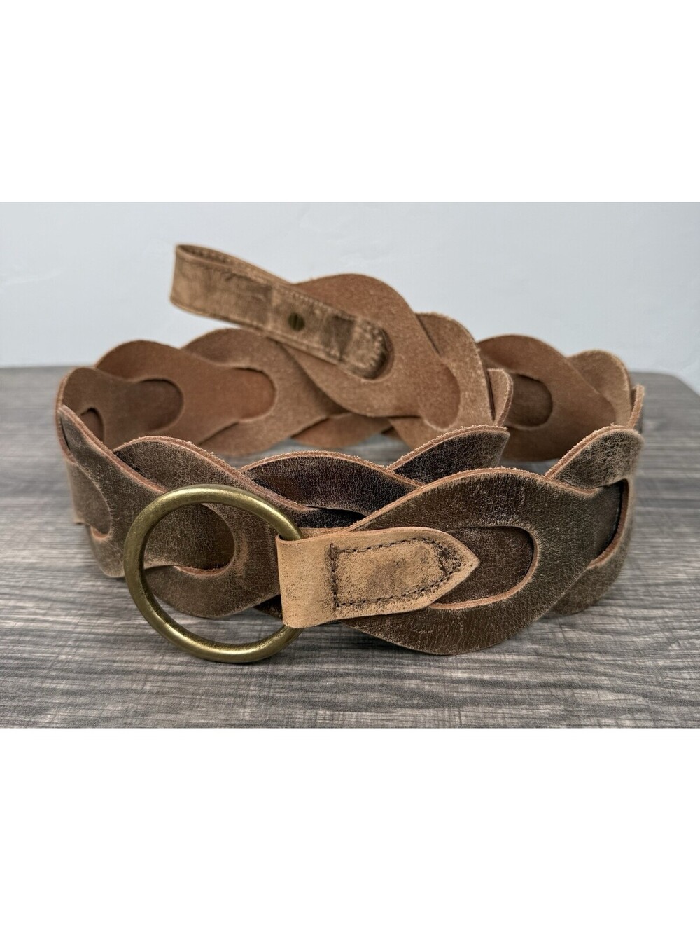 Old Navy Women’s Genuine Leather Braided Belt L/XL Brown Bronze O Ring Y2K 2006